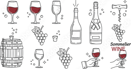 Wine and sommelier line icon set with wine glass bottle grapes corkscrew barrel and tasting concept alcohol beverage illustration