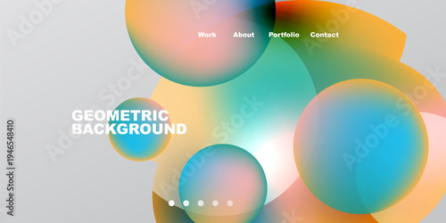 Abstract design features overlapping colorful circles. Text includes navigation options, geometric background label. Minimalist aesthetic, modern presentation.
