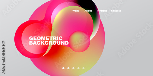 Abstract colorful shapes overlap. Gradient hues create dynamic visual effect. Minimalist design with text elements present.