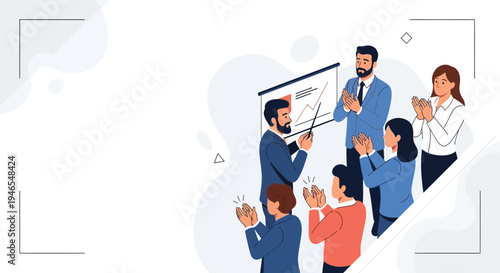 Business meeting success, team applauding speaker presenting graph on whiteboard