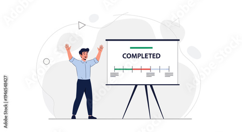 Man celebrating project completion with presentation board showing progress bar
