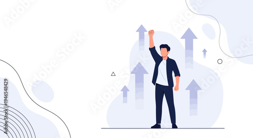 Man celebrating success with rising arrows, symbolizing growth and achievement
