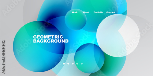 Abstract geometric background. Blue, turquoise hues blend with white shapes. Text labels present work, about, portfolio, contact options.