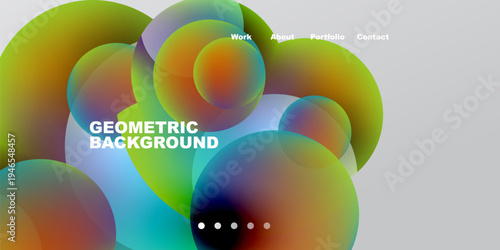 Abstract colorful shapes overlap, creating dynamic visual effect. Text labels present work, about, portfolio, contact options.