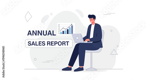 Man working on laptop with annual sales report and charts, business growth concept