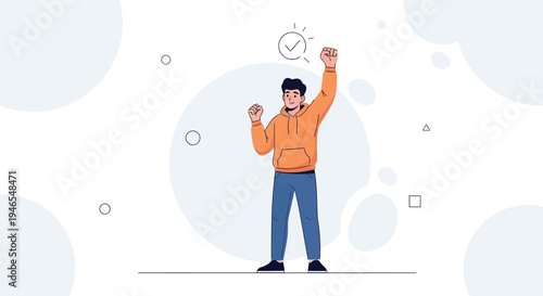 Man celebrating success with raised fists and checkmark icon, modern flat illustration