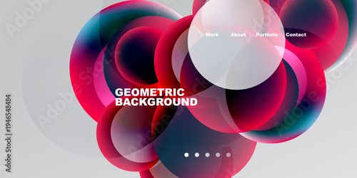 Abstract design features overlapping circles. Vibrant colors blend into gradients. Text includes geometric background, navigation options. Modern aesthetic.