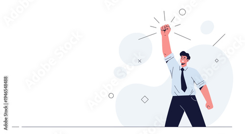Man in suit celebrating success with raised fist, abstract background