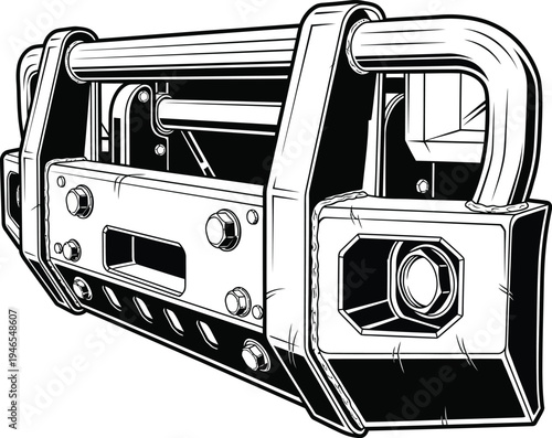 Detailed Black and White Vector Illustration of a HeavyDuty Vehicle Bumper.