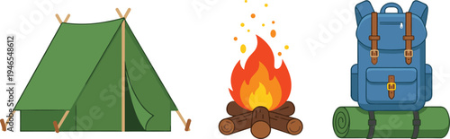 Camping equipment set with tent, campfire and hiking backpack, outdoor adventure travel gear illustration isolated on light background
