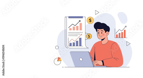 Man working on laptop analyzing financial charts and graphs with coins