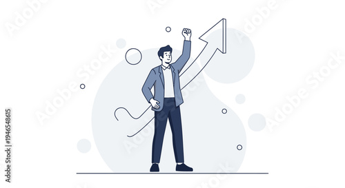Man celebrating success with upward arrow, business growth concept illustration