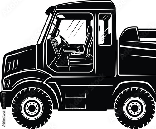 Detailed Black and White Vector Illustration of a Utility Truck with Detailed Interior.