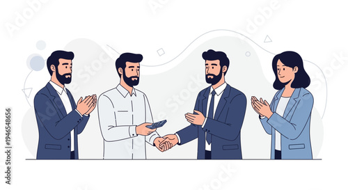Businessmen shaking hands, colleagues clapping, celebrating success, teamwork, partnership