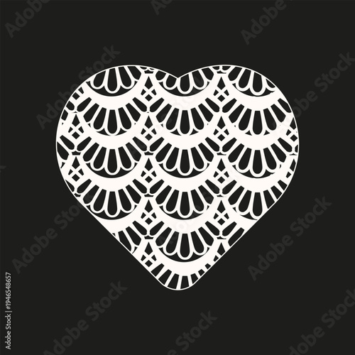 Retro Lace texture Heart design isolated black background. Elegant vector vintage Lace textured Heart. Perfect for Retro romantic art. EPS 10