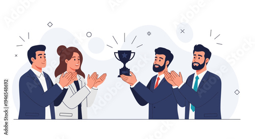 Team celebrating success, receiving a trophy, business achievement, teamwork, winning award