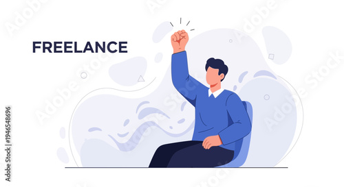 Freelance man celebrating success with raised fist, modern flat illustration