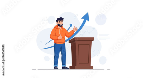 Man giving thumbs up at podium with upward trending graph, business success concept