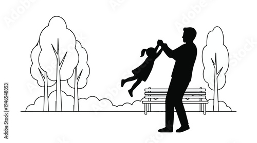 Father and daughter playing together in a park, black and white illustration