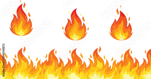 Cartoon fire flame collection vector illustration, burning flames set, hot blaze icons, orange yellow fire elements isolated design
