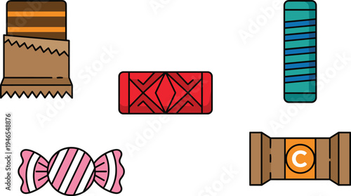 Chocolate and candy sweets collection illustration, wrapped candies chocolate bars confectionery dessert snack icons colorful vector set