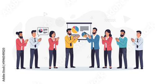 Business team applauding successful presentation with charts on screen