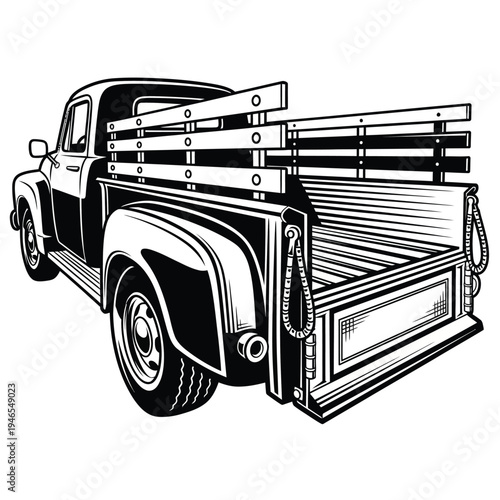 Detailed Black and White Vintage Pickup Truck with Wooden Bed and Tailgate.