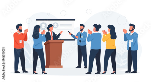 Business presentation success, speaker at podium, audience clapping, teamwork, achievement