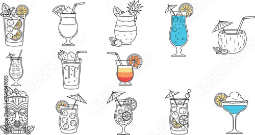 Tropical cocktail drink line icon set with tiki cocktail coconut beverage citrus garnish and summer bar drink illustration