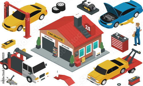 Car Service Isometric Concept with Vehicles, Tires, Repair Tools, Garage, and Building Illustration for Automobile Maintenance Vector Set