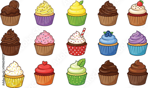 Colorful cupcake collection illustration, sweet dessert bakery treats with frosting and sprinkles, cute pastry food vector set