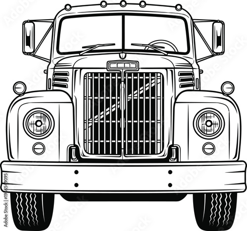 Detailed Front View Black and White Illustration of a Classic Vintage Truck.