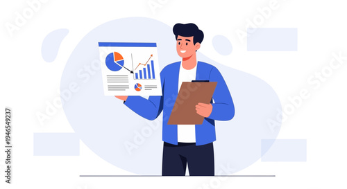 Man presenting financial report with charts and graphs on clipboard
