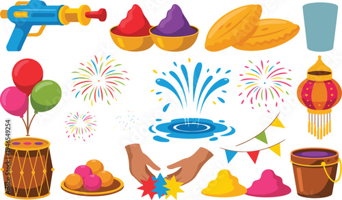 Holi festival celebration icon collection with gulal powder pichkari water gun sweets balloons fireworks and traditional Indian festive elements