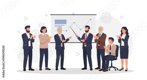 Business team applauding during a successful presentation with a graph on screen
