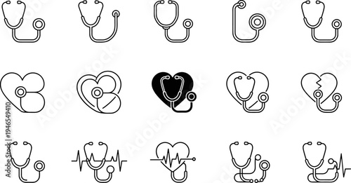 Stethoscope icon set collection, cardiology medical equipment symbols, heart health vector illustration, heartbeat line signs, doctor diagnostic tools, linear outline style, black and white graphic