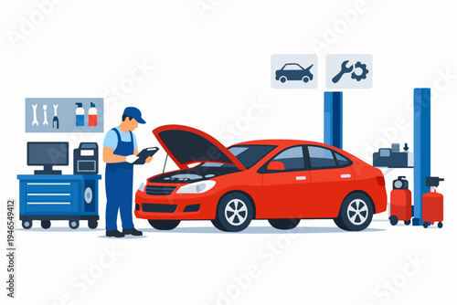 Auto mechanic inspecting car engine in service workshop for maintenance and repair