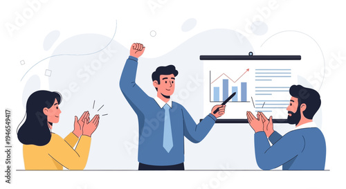Successful business presentation with clapping colleagues celebrating achievement and growth chart