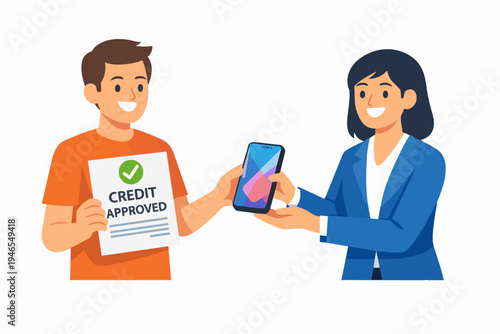 Man celebrating credit approved, receiving document and smartphone from bank employee