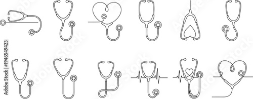 Stethoscope line art vector set, heart and medical symbol designs illustration, black and white healthcare equipment collection for clinic branding, education graphics