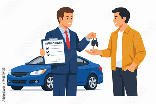 Car loan approved: salesperson handing over keys to customer for new vehicle
