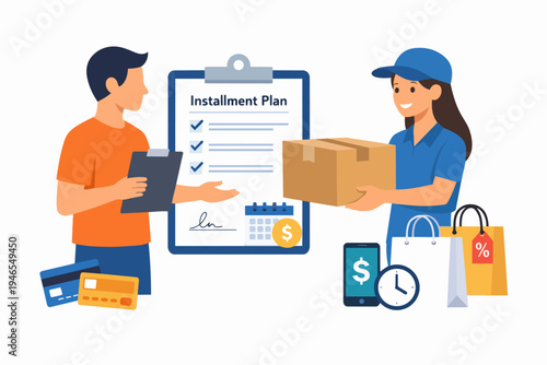 Installment plan delivery, customer receiving package with payment contract