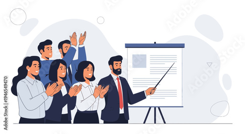 Business Team Applauding Success During Presentation, Speaker Points to Flip Chart