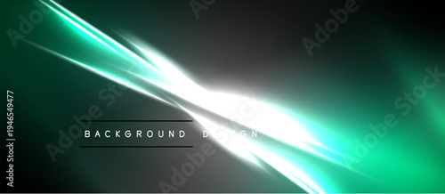 Dark background features bright green, white light streaks. Diagonal lines create dynamic visual effect. Modern design element.