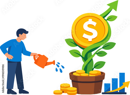 Man watering money tree plant for financial growth and investment concept