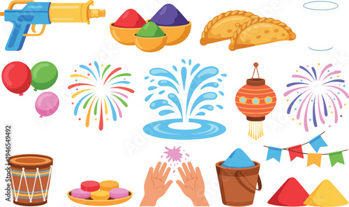 Holi festival celebration icon collection with gulal powder pichkari water gun sweets balloons fireworks and traditional Indian festive elements