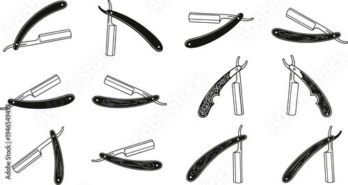 Straight razor silhouettes vector illustration set, vintage barber shaving knives in multiple positions, black grooming tool icons collection for barbershop, tattoo, branding design