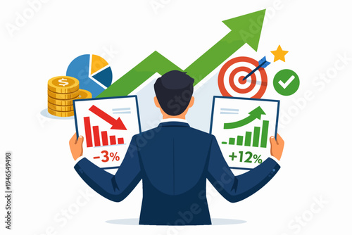 Businessman analyzing financial charts displaying growth and decline on paper reports
