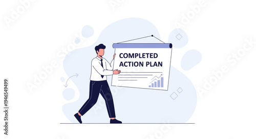 Businessman holding a completed action plan with charts and graphs on a whiteboard