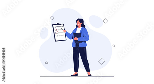 Businesswoman approves checklist on clipboard, successful project completion, modern flat illustration